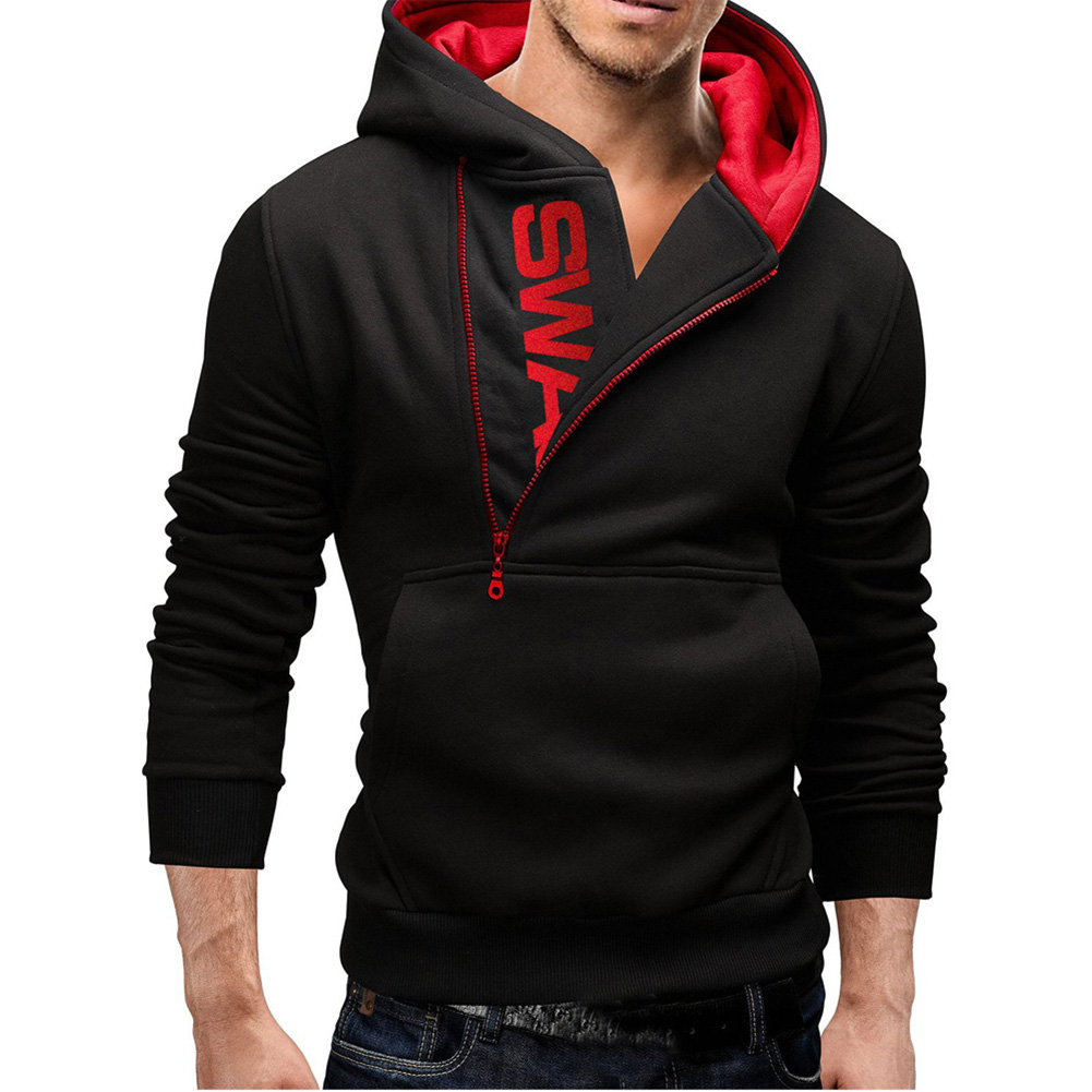 Autumn Men Casual Letter Printing Side Zipper Head Cashmere Sweater Male Outerwear Top Men's Hoodies Sports: XXL / black red