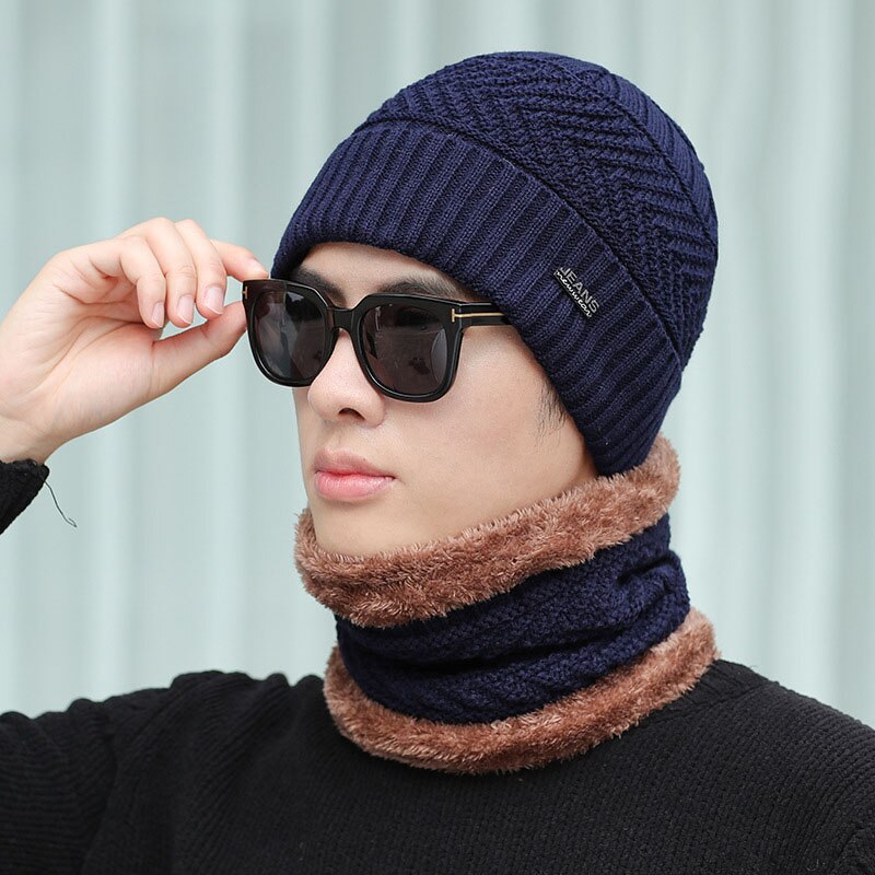 Calymel Winter Hat Scarf Set Men's Wool Hat Casual Warm Knit Hat Outdoor Riding Ski Cap Scarf Set 2pcs/set: G41 navy