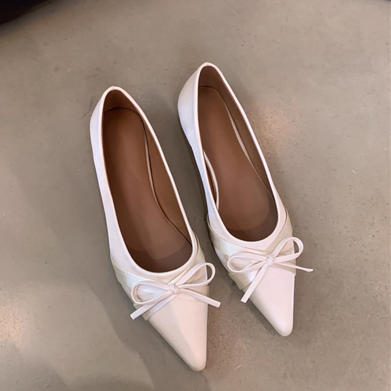 Ballerina Satijn Platte damesschoenen Comfort Antislip Puntschoen Dames Loafers Flats Elegante strik Enkele damesschoenen: WHITE / 36