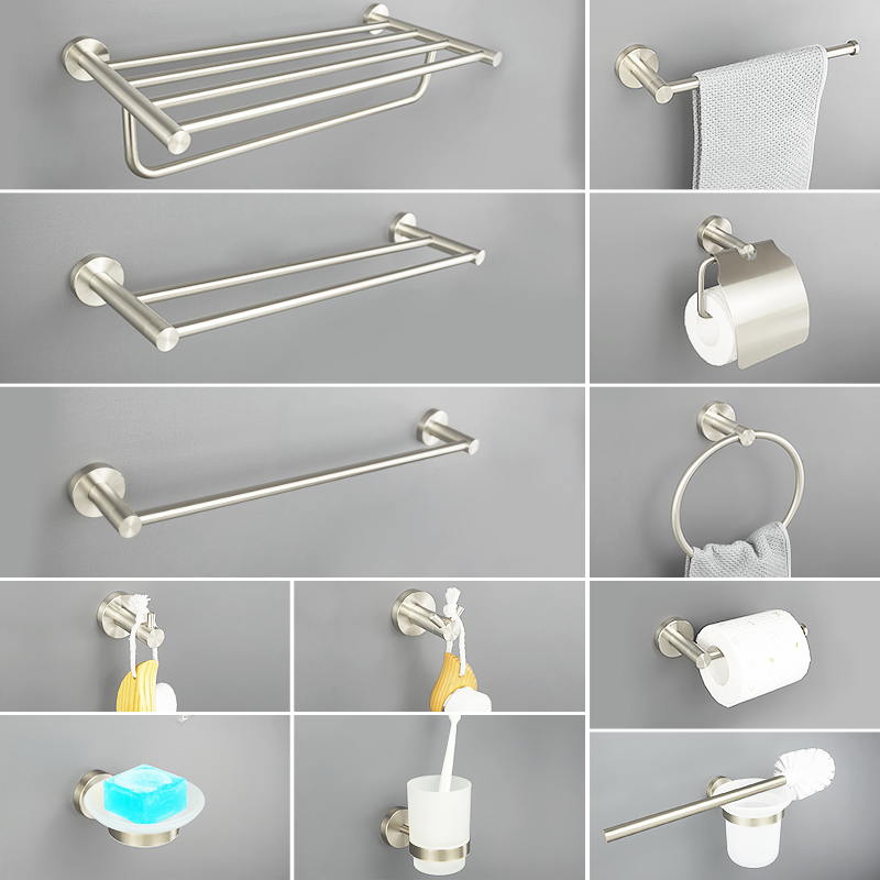 Brushed Nickel Wall Mount Stainless Steel Bathroom Hardware Set Towel Bar Towel Ring Paper Holder Robe Hook Bathroom Accessories