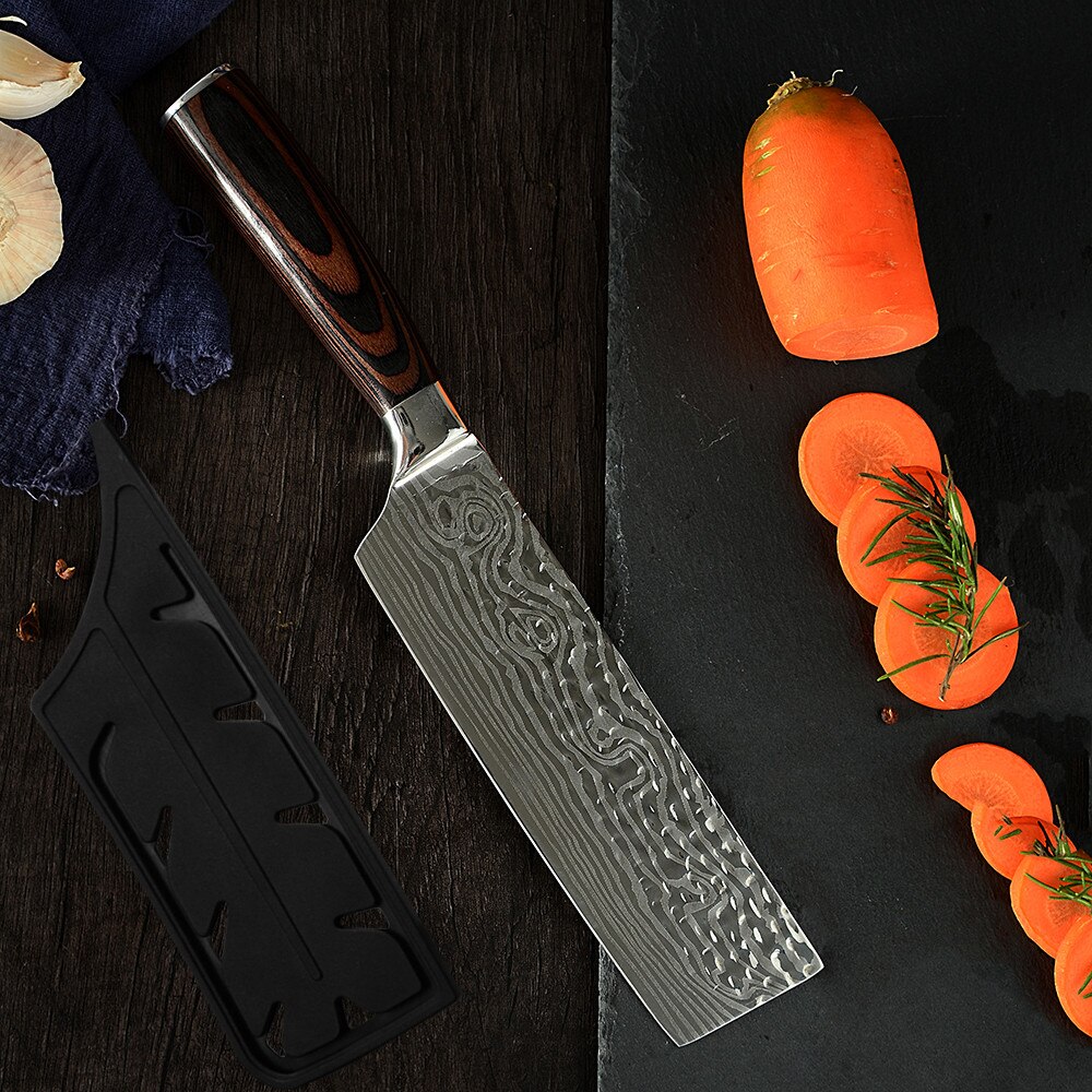 Nakiri kitchen Knife Stainless Steel Cleaver Knife 7 inch Japanese Cutter Anti-stick Damascus Vein Knife Sheath Cover Edge Guard