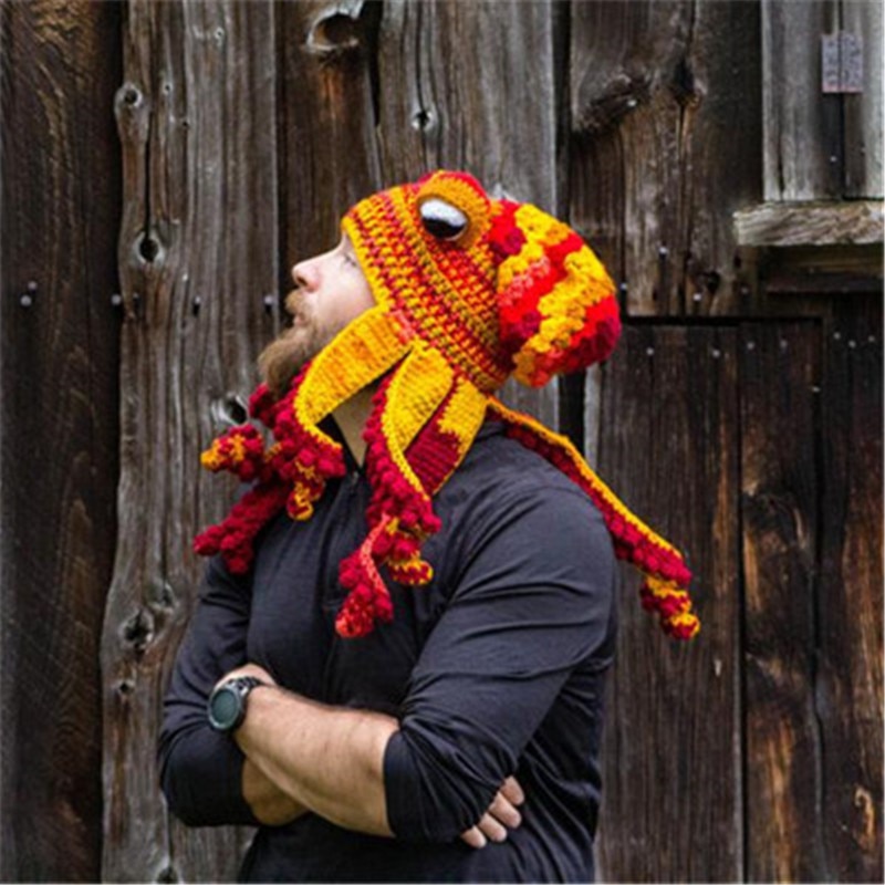 Bläckfisk skägg hand väva sticka ull hattar män jul cosplay fest rolig knepig huvudbonad vinter varm par hatt