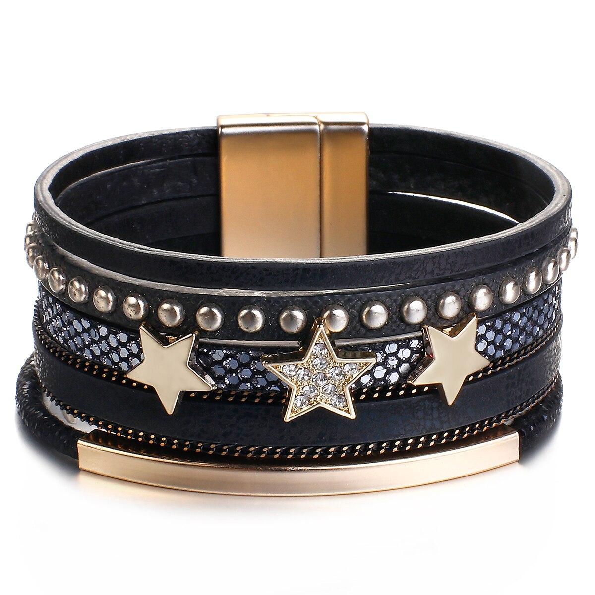 Allyes rhinestone stjerne charme læder armbånd til kvinder boho flerlags punk nitte bred wrap armbånd kvindelige smykker: Sort