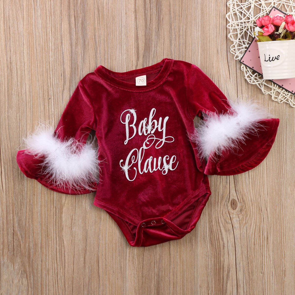 Xmas Leuke Infant Kids Baby Meisjes Jongens Mooie Fluwelen Bodysuits Fur Flare Mouwen Brief Print Warm Jumpsuits Outfit 0-24M