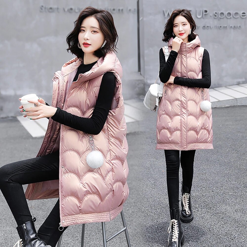 Solid Hooded Vrouwen Winter Vest Lange Stijl Dikke Vrouwelijke Mouwloos Vest Katoen Gewatteerde Vest Jasje Met Pocket Uitloper: Pink / Xxxl