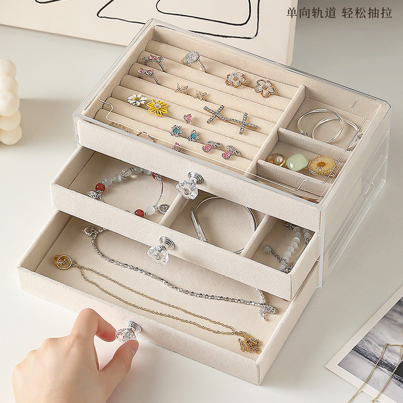 Acrylic Velvet Jewelry Organizer with 3 Drawers Stackable Display Storage Earrings Necklace Bracelets Box Holder Case for Women