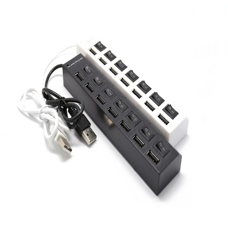 USB Hub 2.0 Splitter,7 Port USB Data Hub with Individual On/Off Switches and Lights for Laptop, PC, Computer, Black, White