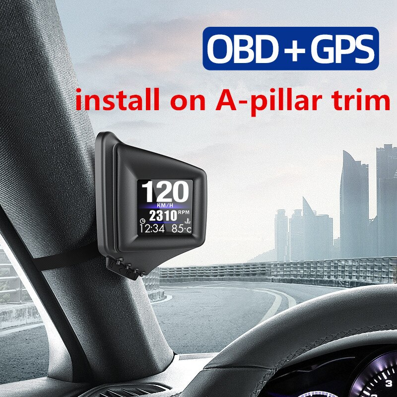 OBD2+GPS HUD On-board Computer A-pillar trim Install Car HUD GADGET RPM Turbo Pressure Oil &amp; Water Temp. GPS Speedometer