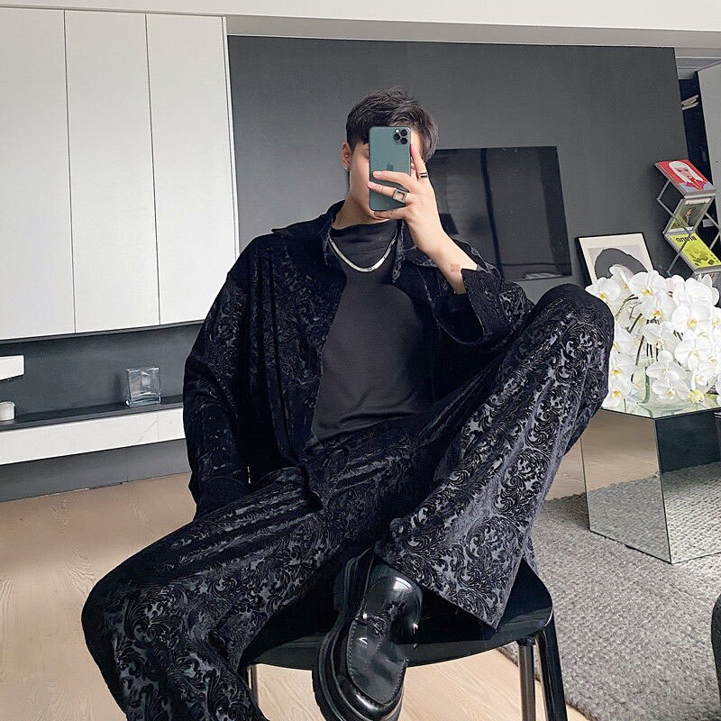 IEFB-Pantalones informales con relieve de terciopelo negro vintage para hombre, traje de tendencia con personalidad, pantalones holgados de pierna ancha con bolsillos, 9Y4680