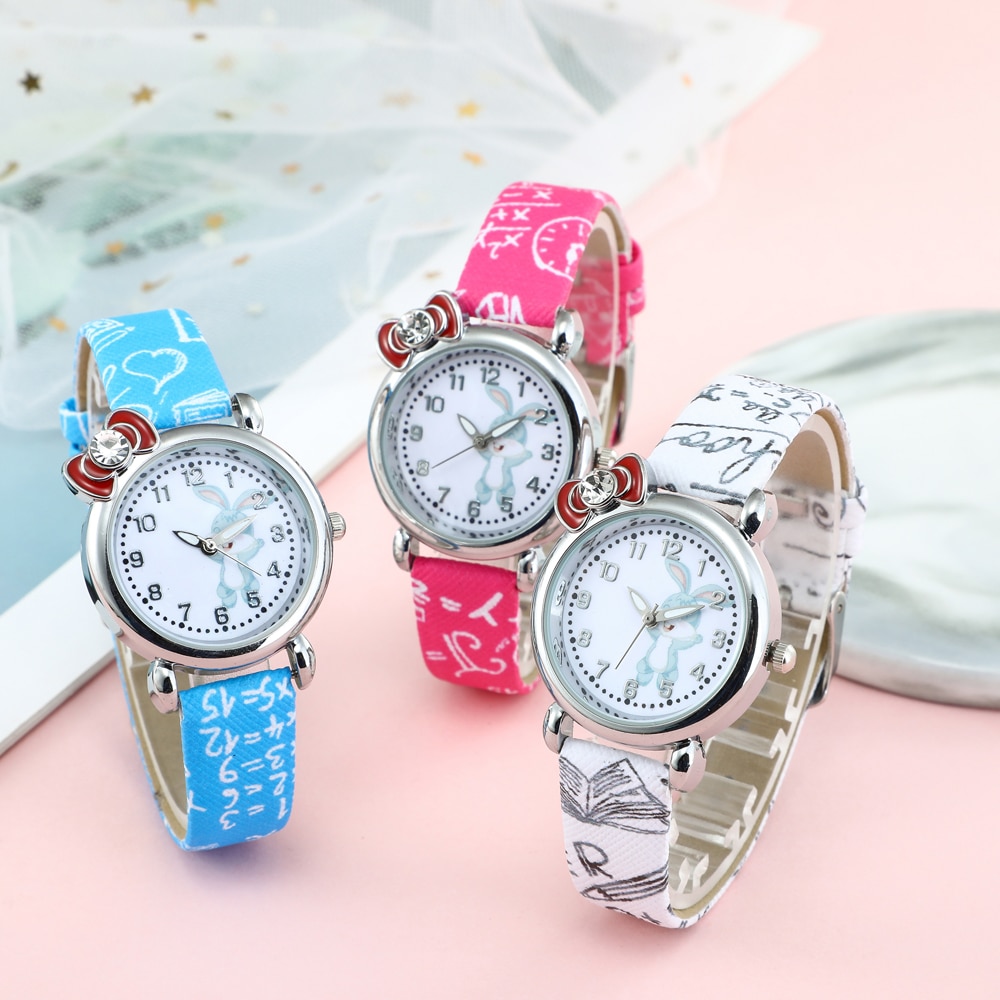 Cartoon Children Rabbit Watch Girl Kids Student diamond Leather Analog Wristwatches Lovely Pink watch reloj