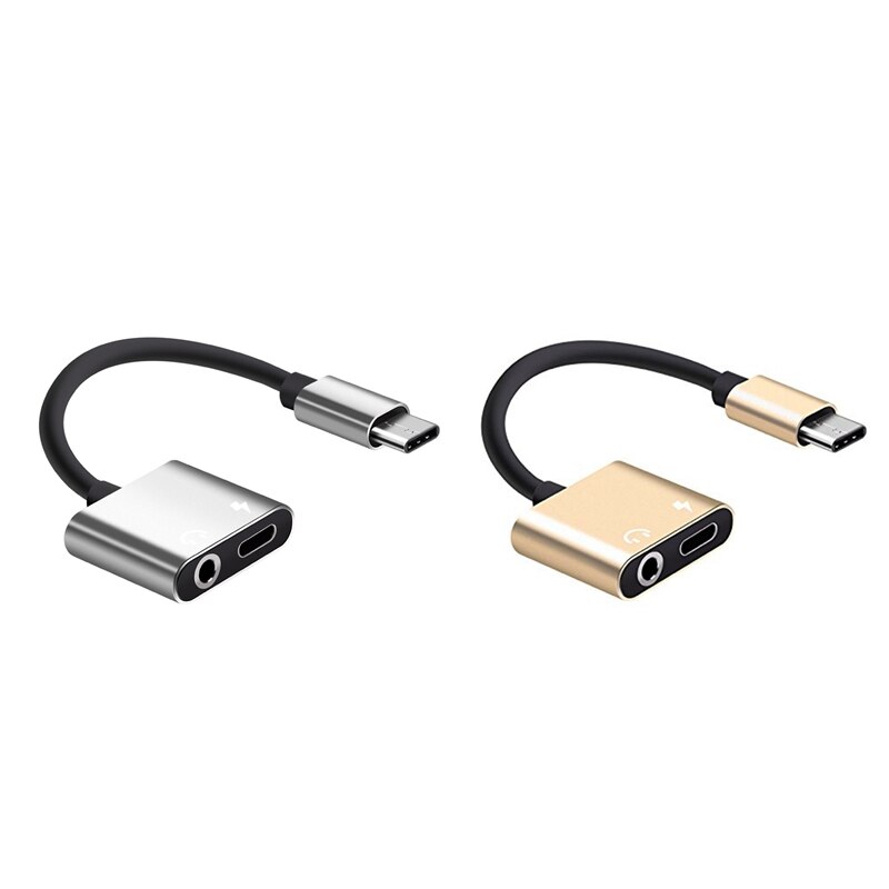 2X Tinned Copper Core 2 In1 Type-C To 3.5Mm Headphone Jack Adaptor/Connector Charger &amp; Charge Adaptor Silver &amp; Gold