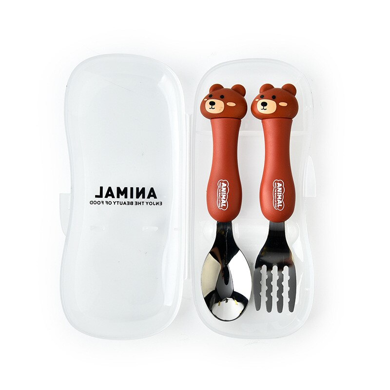 Baby Feeding Material Cartoon Cutlery Suit Student Stainless Steel Tableware Animal Fork Spoon Set Utensils Eating Gadgets: Bear