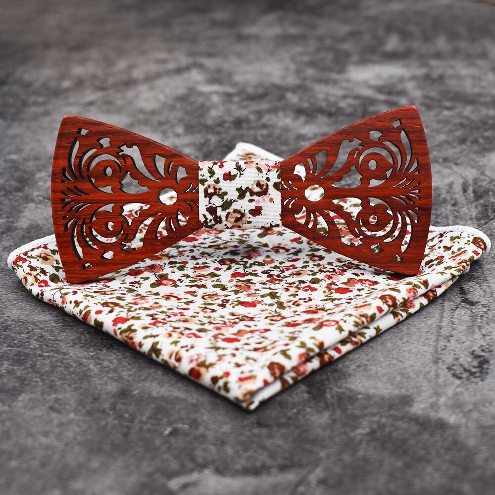 MAHOOSIVE Man Wooden Bow Tie Set for Wedding Suit Wood Bowties Handkerchief pocket square Set Gravatas Slim Shirt Ties for men