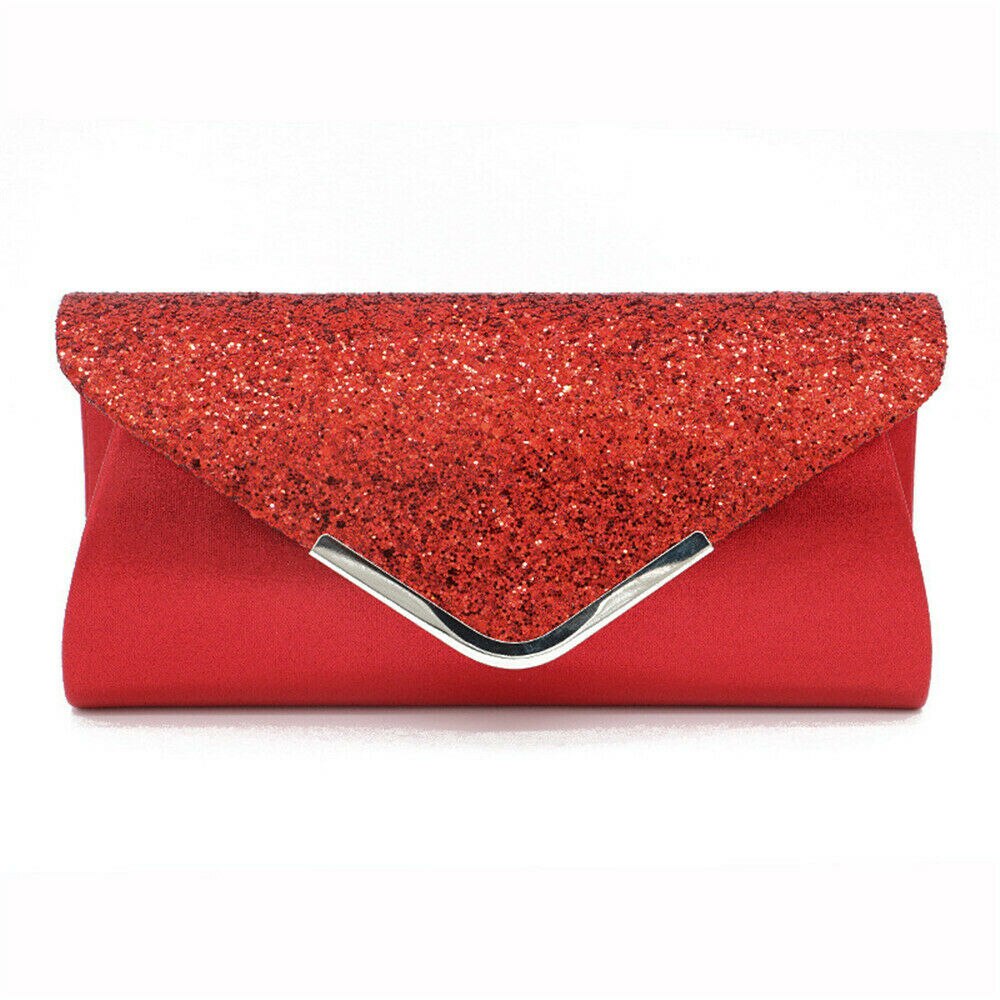 Pu læder kvinder dame pailletter kobling taske aften bryllupsfest prom håndtaske pung tegnebog skinnende skuldertasker: Rød