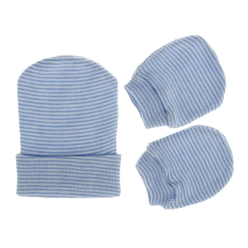2 pçs bebê anti riscar luvas de algodão macio única camada chapéu conjunto proteção riscas luvas mais quentes kits: Azul