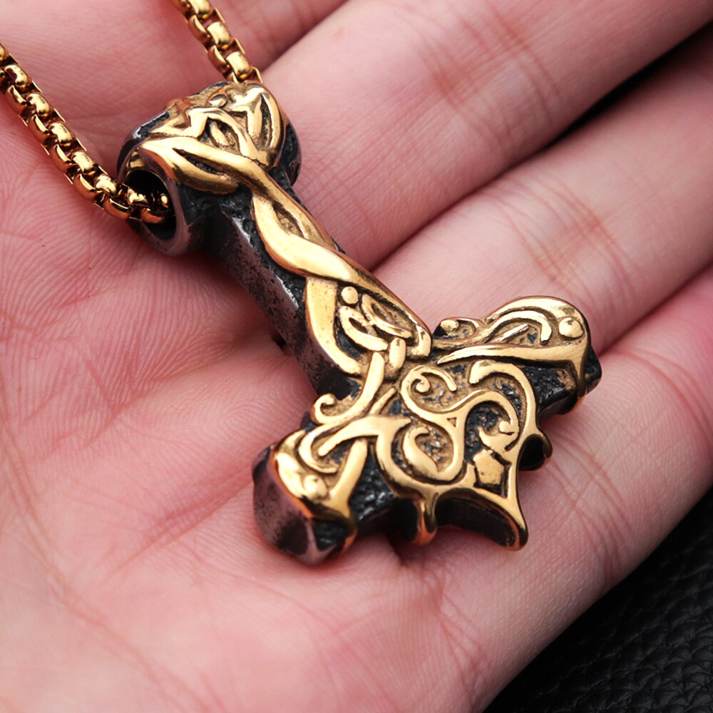 Golden Vintage Vikings Thor Hammer Pendant Stainless Steel Celtic Knot Biker Necklace For Men Amulet Jewelry