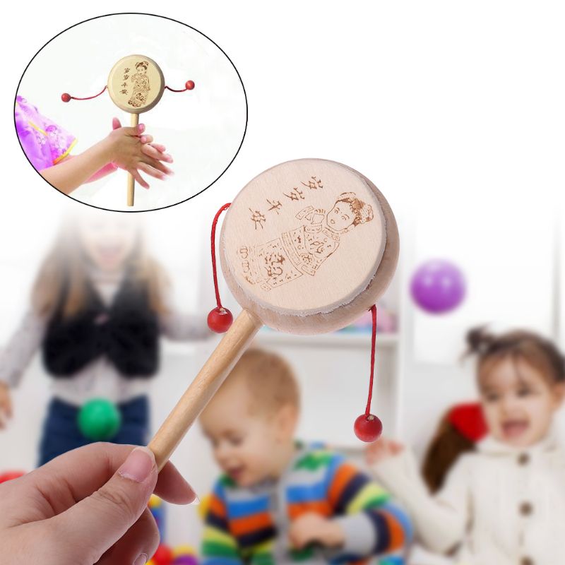 Trä tecknad kinesisk traditionell snurrande skallra trumma handklocka baby musikleksak 24be