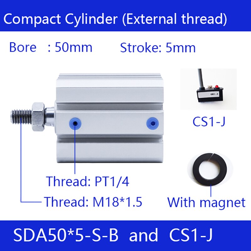 Sda 50 x 5-b 50mm hål 5mm -takts utvändig gänga kompakta luftcylindrar dubbelverkande pneumatisk cylinder
