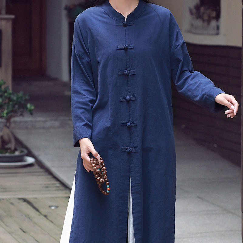 Cotton Linen Coat Men Women Retro Shirts Tops Chinese Style Zen Tea Long Sleeve Tang Suit Jackets Kung Fu Casual Blouse Cardigan: Blue