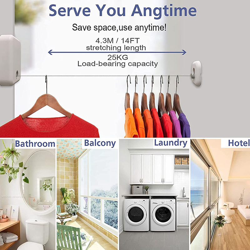 Retractable Clothesline Wall Mounted Stainless Steel Laundry Line Clothes Retracting Hanging Clothing Drying Rack