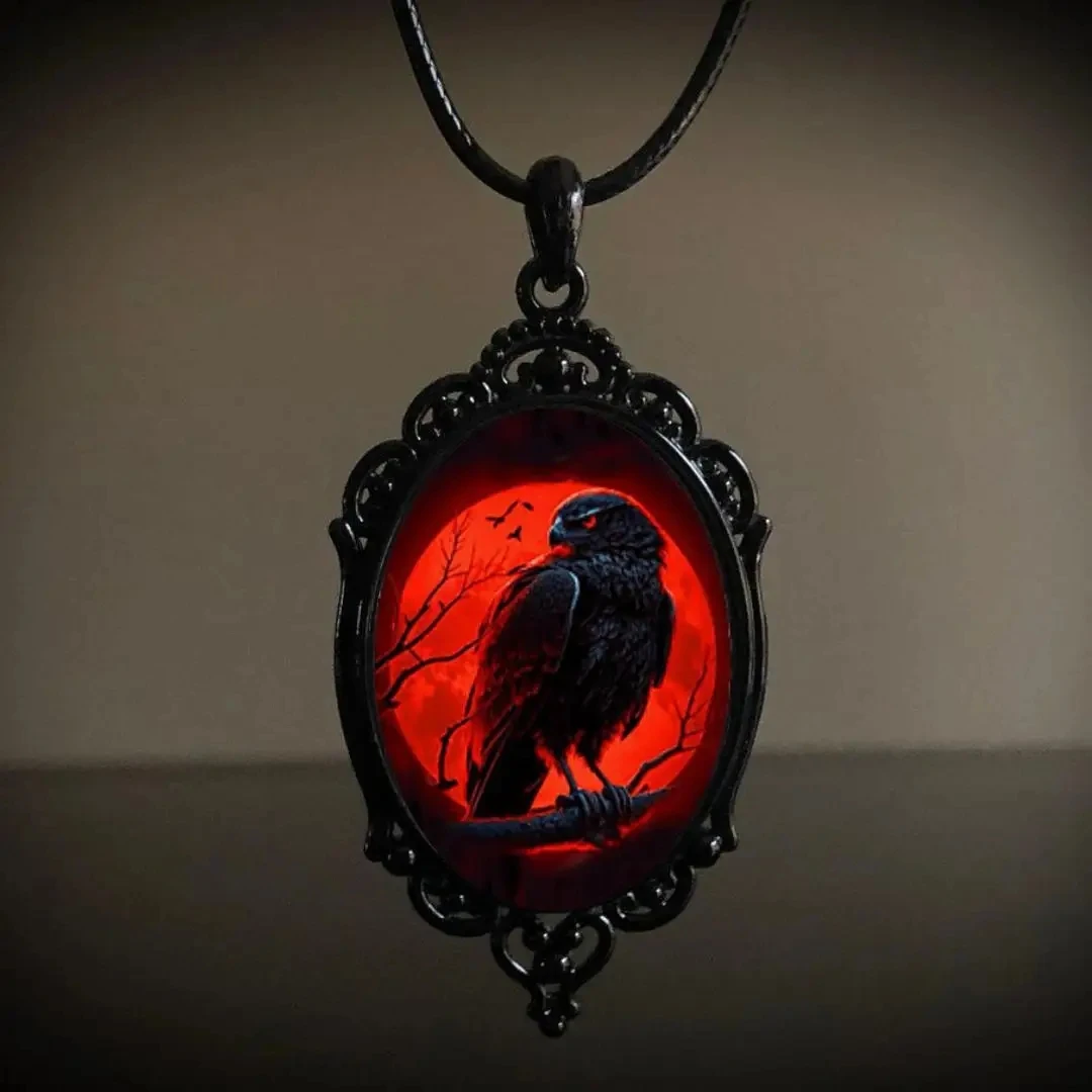 Gothic Vampire Owl Cameo Necklace Women Men Pagan Witch Jewelry Accessories Blood Owl Glass Charm Rope Chain Choker