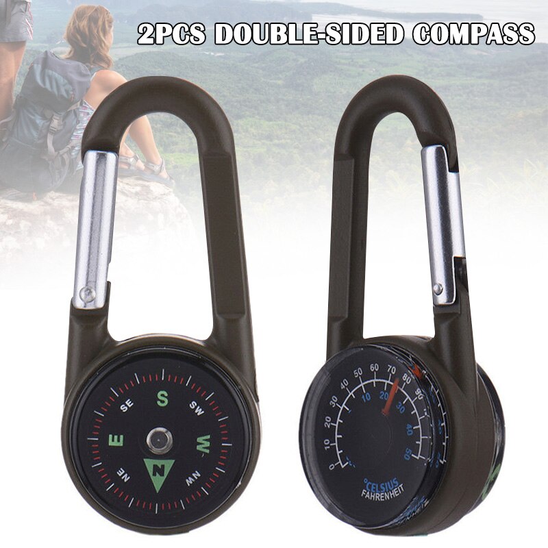 2 Stuks 3 In 1 Aluminium Karabijnhaak Kompas Thermometer Sleutelhanger Sleutelhanger Voor Wandelen Camping: Default Title