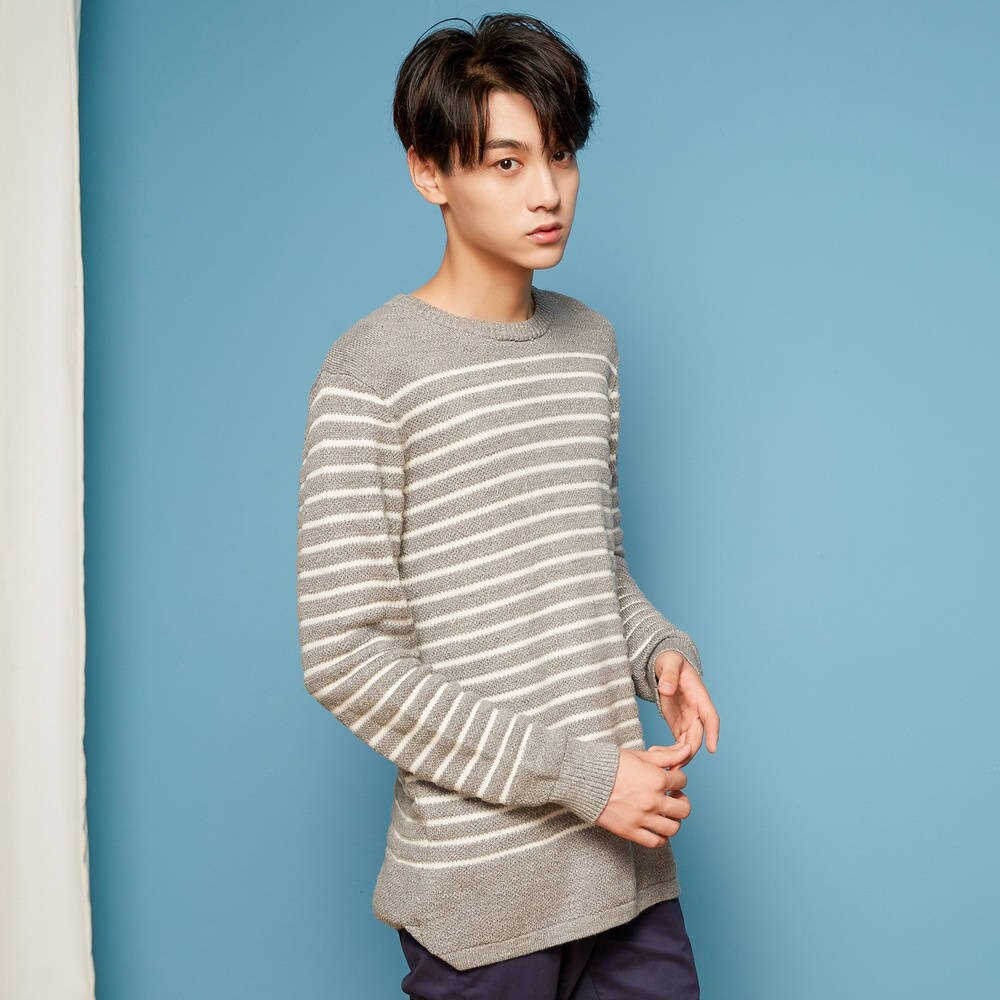 METERSBONWE Winter Men Sweaters Round Neck Striped Sweater: gray / L
