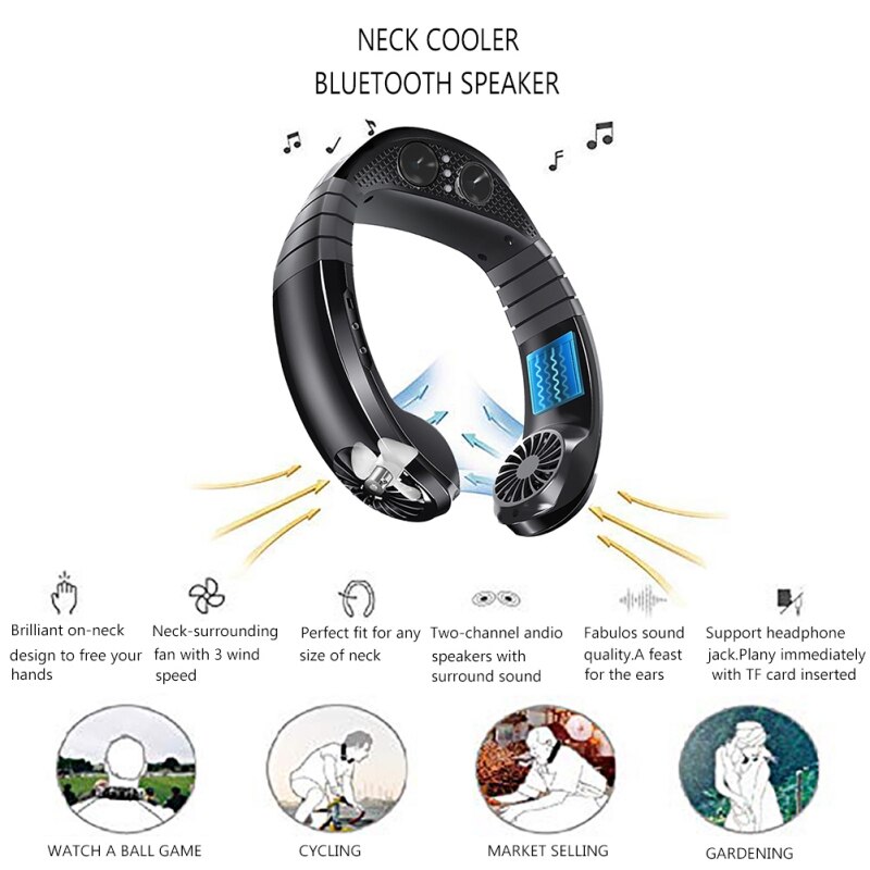 Nakkevifte håndfri mini usb frakt bluetooth spiller bærbar sportsvifte nakkehengende musikk lyd luftkjøler fans