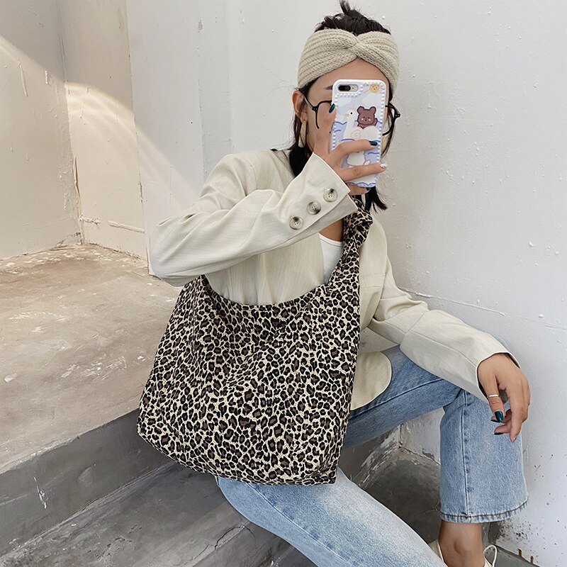 Motif léopard sacs à main pour femmes grande capacité toile sac à bandoulière décontracté femme Shopping sac fourre-tout étudiants livres sac