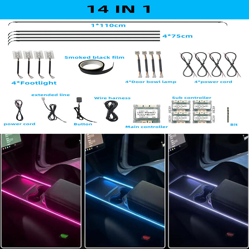 Full Color Streamer Car Ambient Lights RGB 64 Color Universal LED Interior Hidden Acrylic Strip Symphony Atmosphere Lamp 18 in 1: Cold White