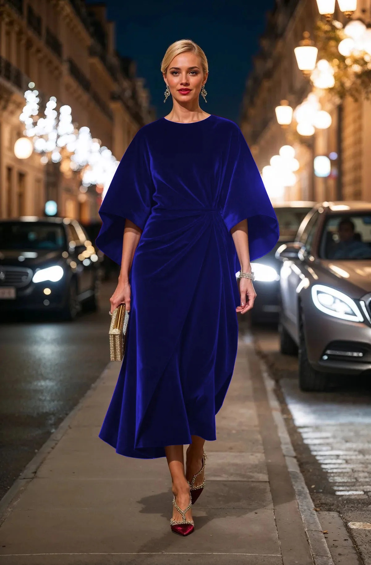 Velvet Waist-Cinching Dress with Batwing Sleeves And round Neck for Women Fashionable And Stylish Long Ankle-Length Gown: S / Blue