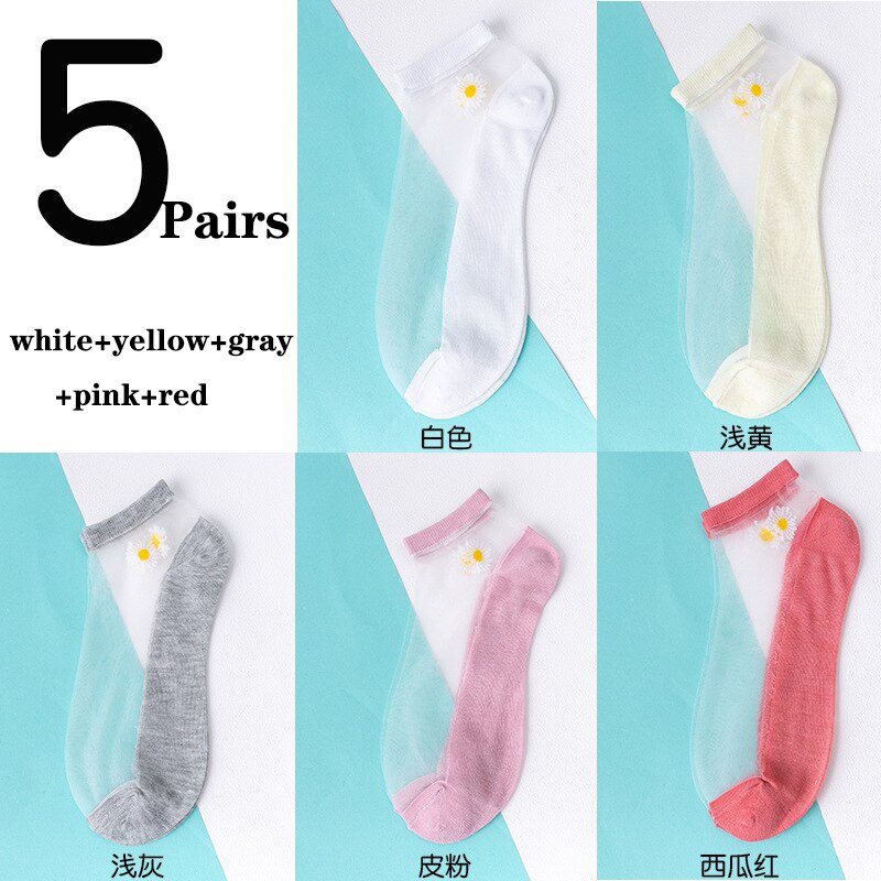 5 par/parti damesokker til sommer ultratynde gennemsigtige silkestrømper af glasfiber daisy flower japan ankelsokker: Parti 5
