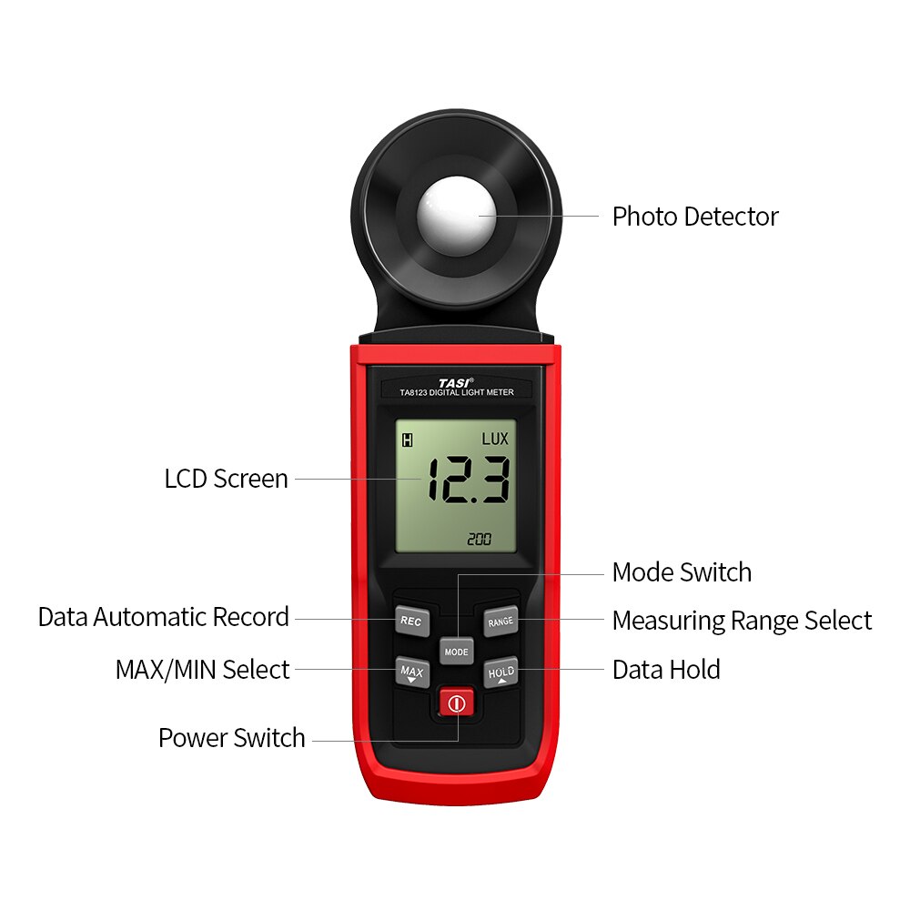 Tasi Luminometer digitale Fotometro Portatile Lcd Esposimetro Luxmetro Illuminometer 0-200000 lux con Max/Min/Dati modalità di Attesa