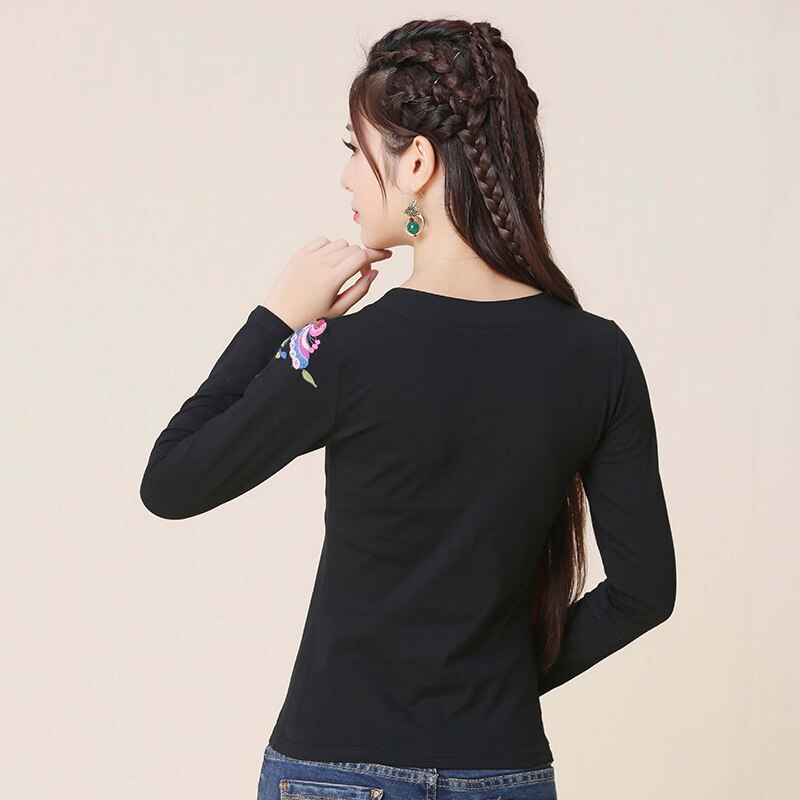 Mujer pulóver mujer Otoño Invierno estilo mexicano étnico manga larga cuello pico negro blusa camisa blusa bordada
