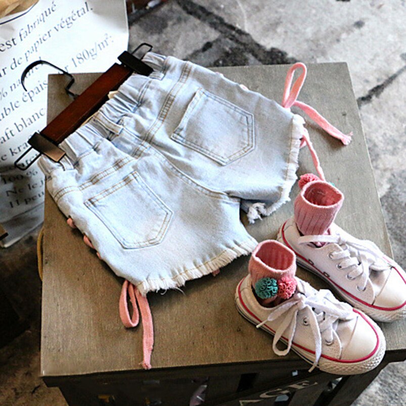 Baby Meisje Jeans Shorts Meisjes Zomer Side Sling Strik Jeans Kinderen Toevallige Denim Broek Kinderen Pocket Korte Broek 2-8Years