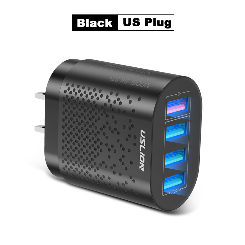 USLION EU/US Plug USB Charger 3A Quik Charge 3.0 Mobile Phone Charger For iPhone 11 Samsung Xiaomi 4 Port 48W Fast Wall Chargers: US Plug Black