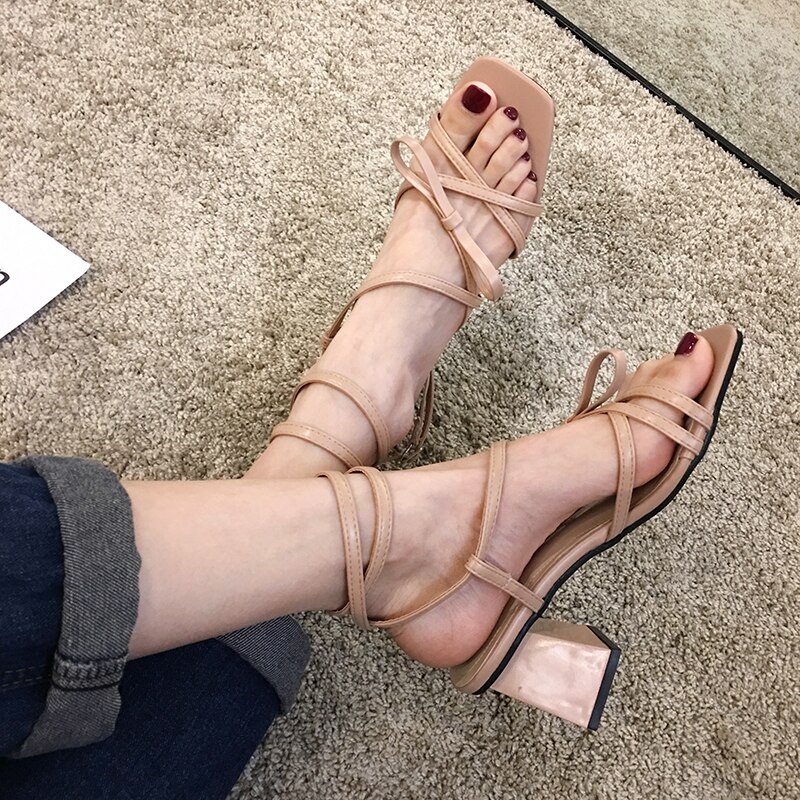 Damesschoenen sandalen zomer stijl lint strik vierkante kop dikke hak kruis veter teen hoge hakken