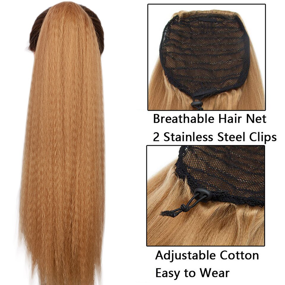 AISI BEAUTY Drawstring Ponytail Clip in Hair Extension Brown Long Yaki Straight Synthetic Ponytail for Women Black Blonde