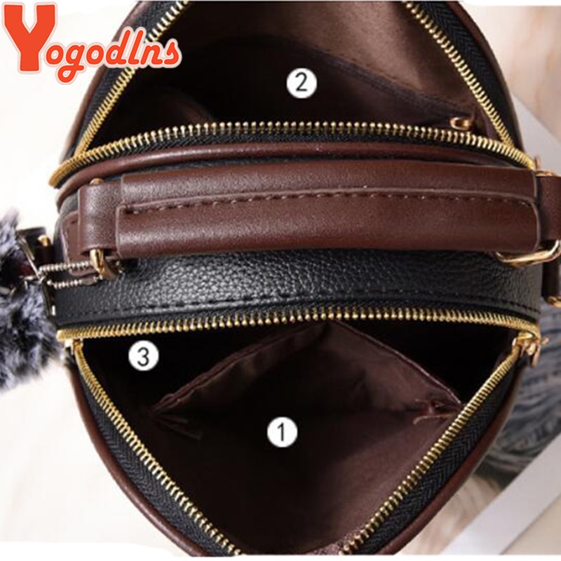 Yogodlns Solid Color Women Shell Bag Portable Shoulder Bag PU Leather Female Bag With Gray Hair Ball