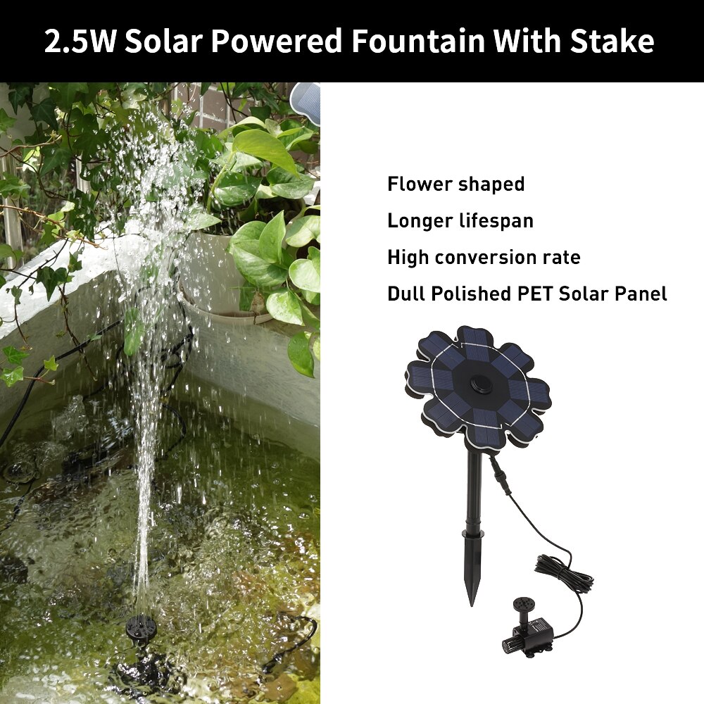Solar Fountain Pump for Bird Bath Flower Shaped Solar Panel with Stake 7.7"/2.5W Solar Powered Sprinkler Fountain Pump