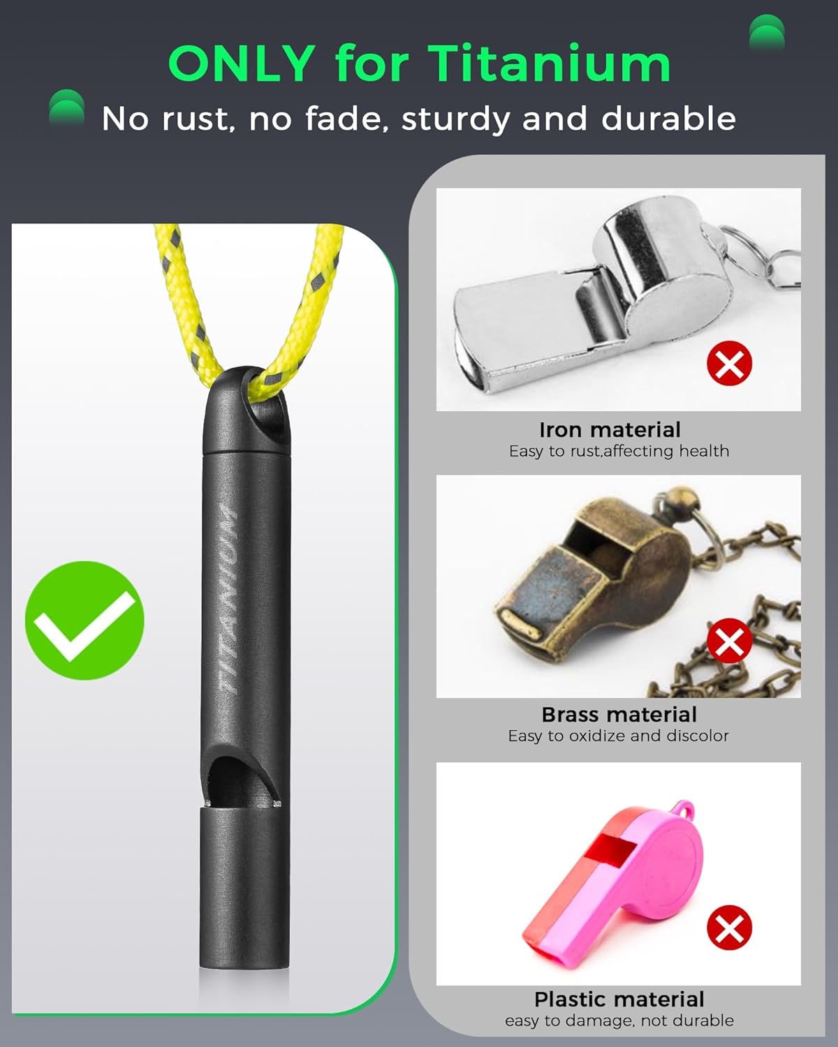 TISUR Titanium Emergency Whistle, Survival Safety Whistles for Coaches,Dog Training,Hiking, Life Saving-Loud up to 120db