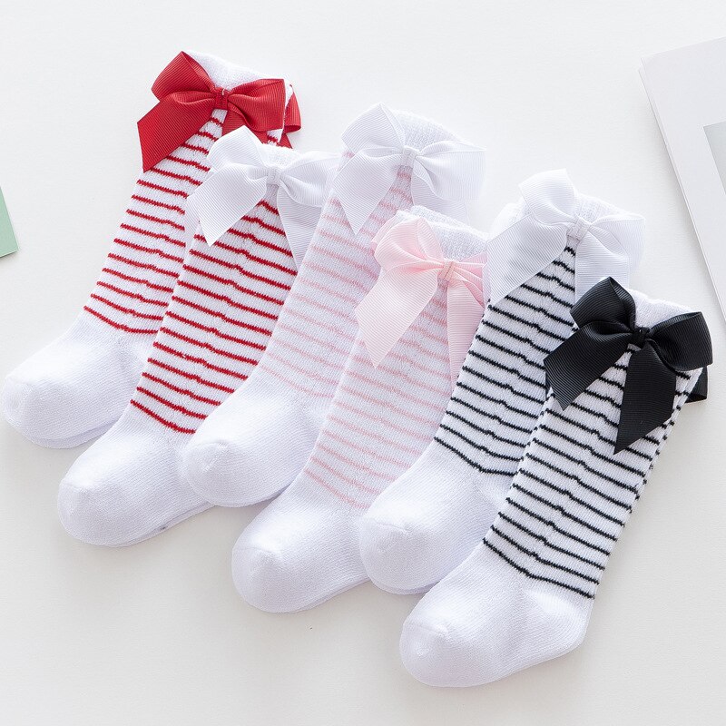 Streep Bowkot Baby Sokken Herfst Winter Soft Warm Kids Hoge Sokken Elastische Katoenen Baby Meisje Jongen Sokken Baby Voet Accessoires