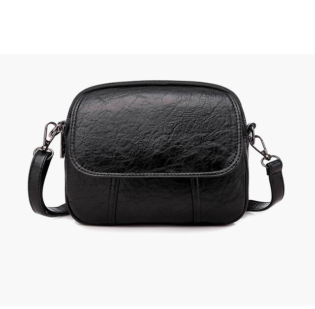Luxury women's bag high soft PU leather ladies shoulder messenger bag multi-layer double zipper bag: black
