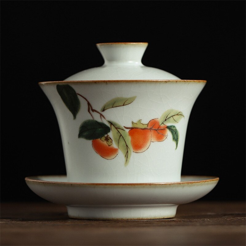 Large Jingdezhen Kiln Retro Ceramic Hand-painted Persimmon Kung Fu Gaiwan Handmade Porcelain Tea Tureen Office Tea Cup Drinkware: C