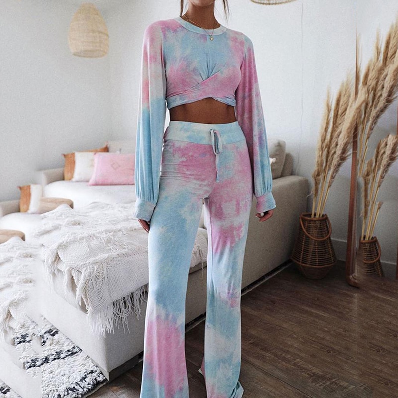 Tie-dye dames sportkleding lange mouwen kink top blote navel hoge taille broek tweedelige pakken dames herfst