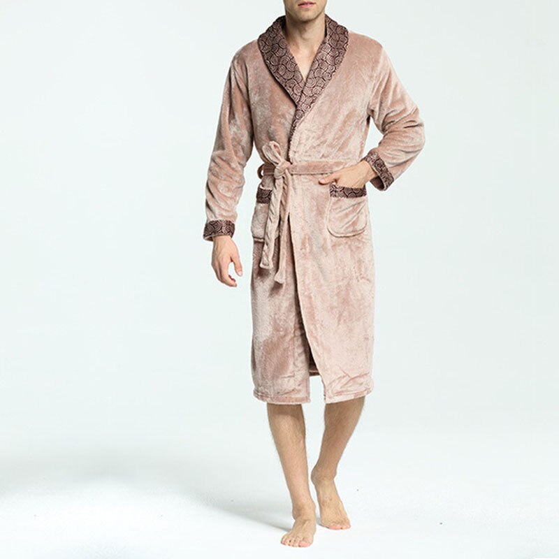 Winter Bath Robe Flannel Turn-down Collar Men Kimono Men Robe Bathrobe Men Bath Robes Cotton Long Sleeve Nightgown: Khaki / XL