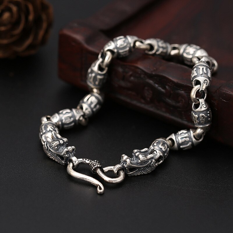 Sechs Wort mantra thailändisch Silber Armbinde Jahrgang 925 Sterling Silber Schmuck Luxus Doppel Drachen Kopf Armbinde Für Männer TSB516