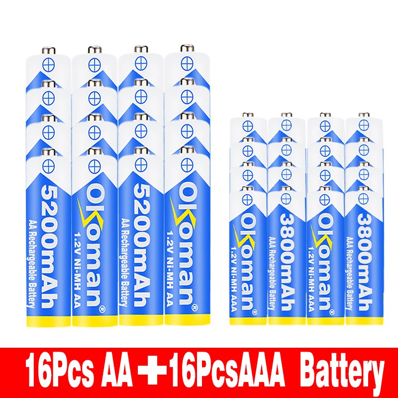Okoman High capacity 5200mAh NI MH AA Rechargeable Batteries+AAA battery 3800 mAh Rechageable battery NI-MH 1.2 V AAA battery: Blue