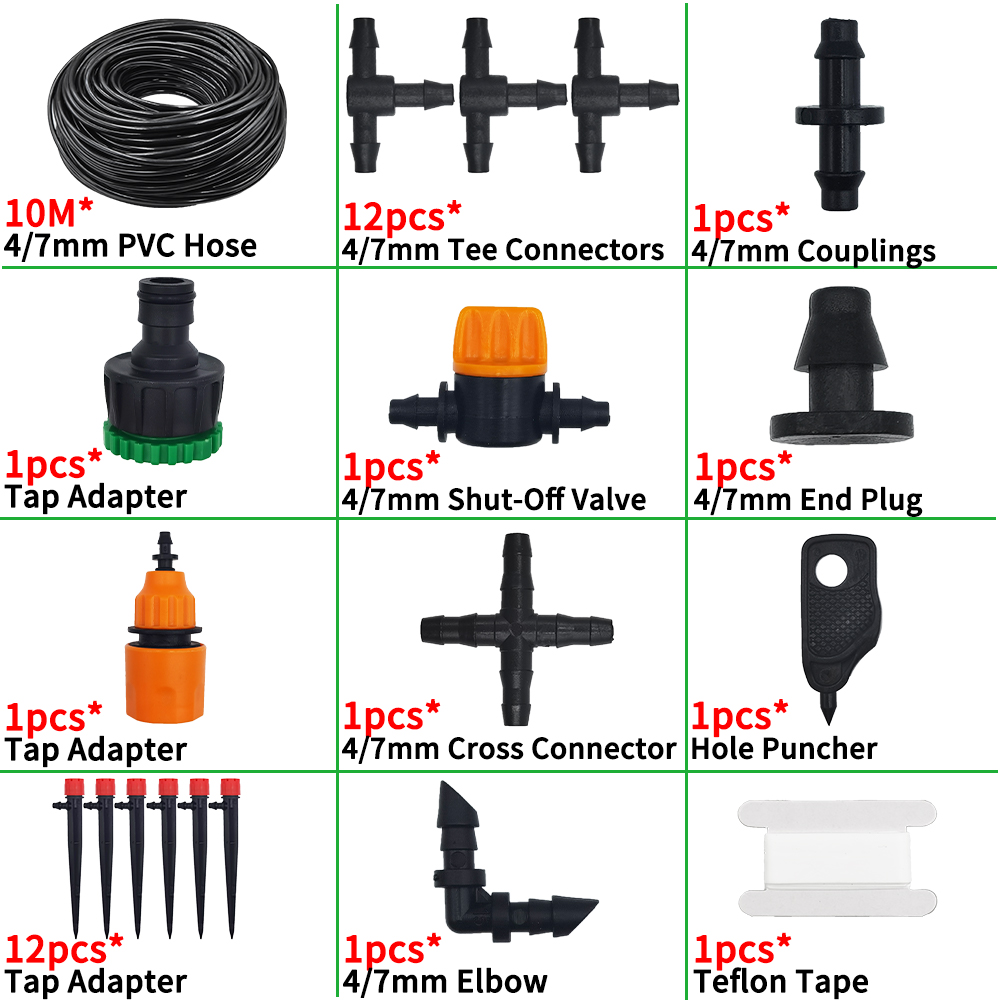 Drip Irrigation System 1/4'' Hose Adjustable 13CM Sprinkler Kit 4-Way Micro Watering Flow for Garden Flowers Vegetables: Yellow