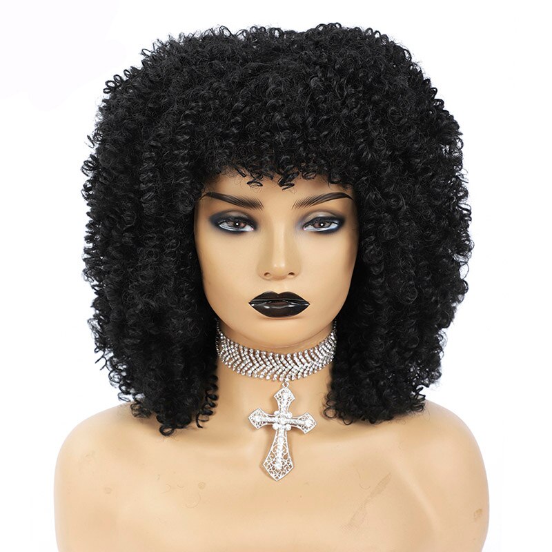 MSIWIGS Brown Synthetic Kinkly Curly Wigs for Women Black Short Afro Wig with Bangs Heat Resistant: #1B
